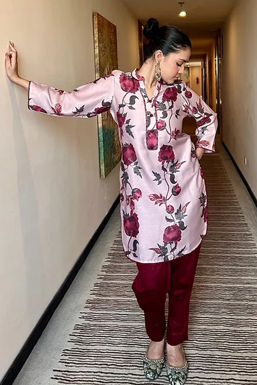 Saira Red And Rosegold Floral Pakistani Kurta Set
